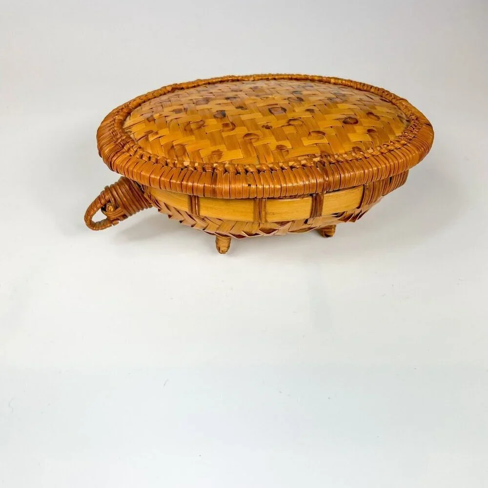 Woven Wicker Turtle Basket Box Lid Tortoise Rattan